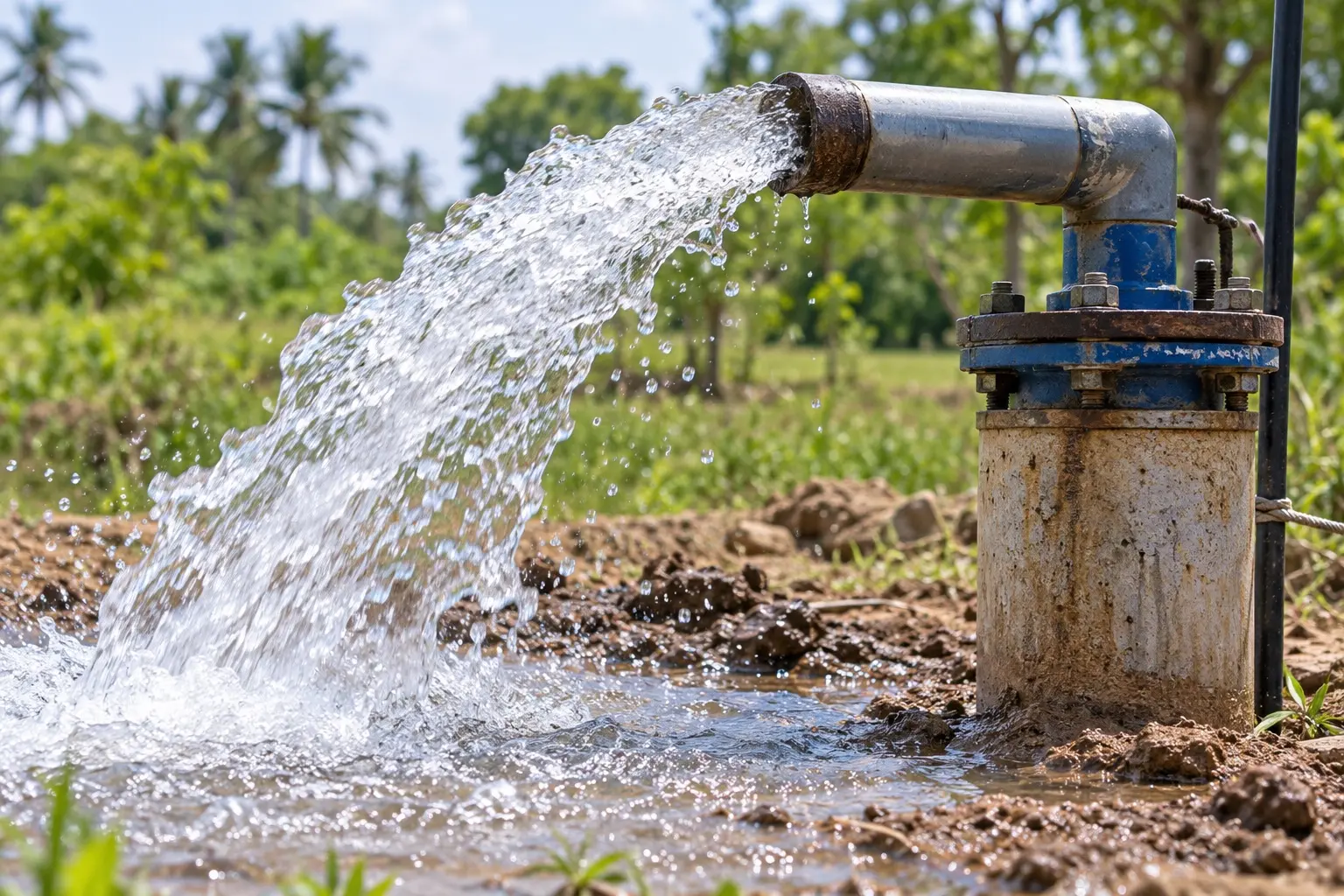 Borewell flushing and redevelopment Water flowing from a borewell pipe after flushing