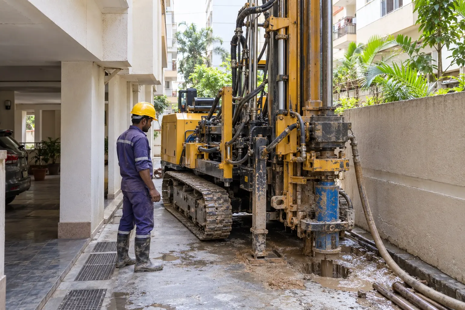 Compact borewell drilling for narrow roads in Bengaluru Compact borewell drilling rig in a narrow residential driveway