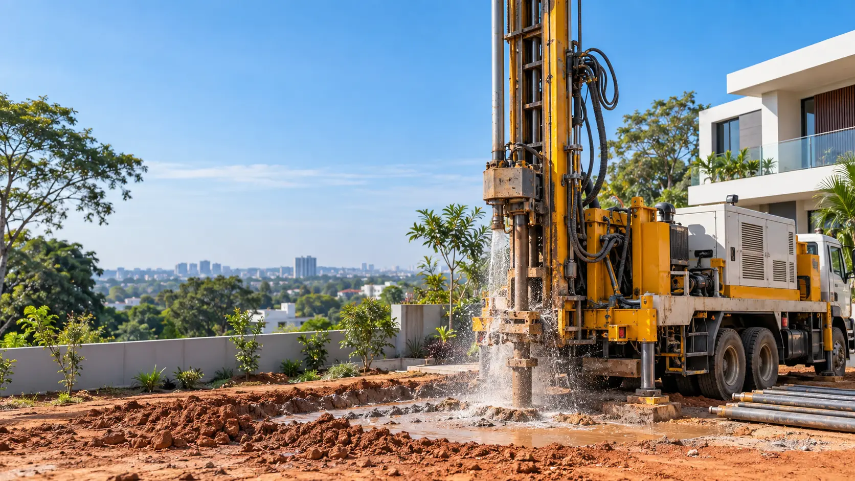 Borewell drilling and water solutions in Bengaluru Borewell drilling rig working at a Bengaluru property