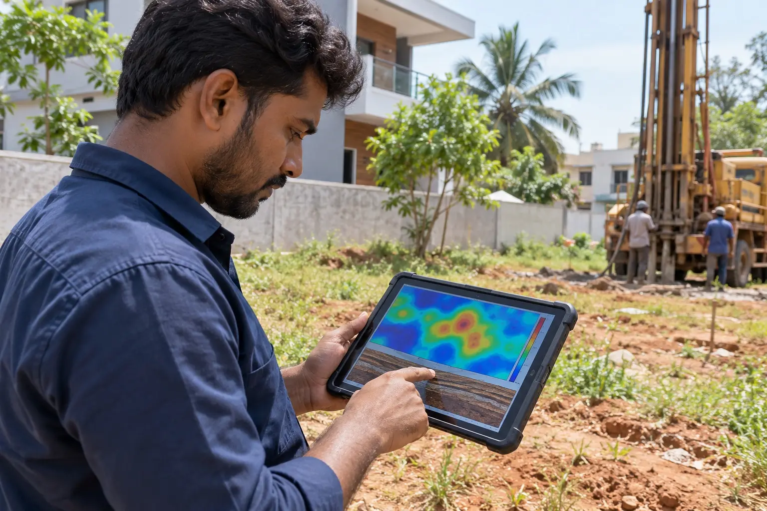 Groundwater survey before borewell drilling Technician using groundwater survey equipment before drilling